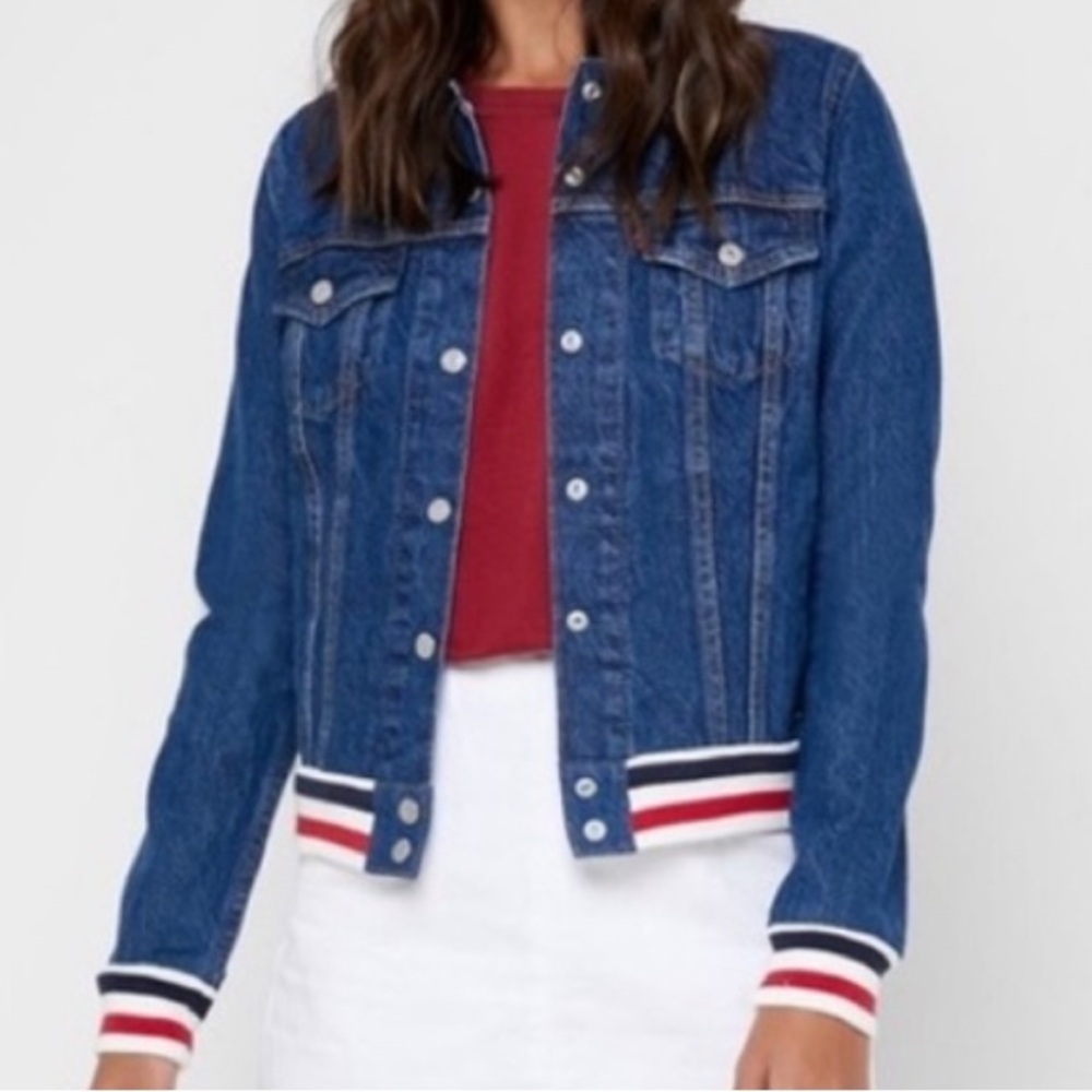 Levi’s Denim Jacket with Red, White, and Blue Sleeves L